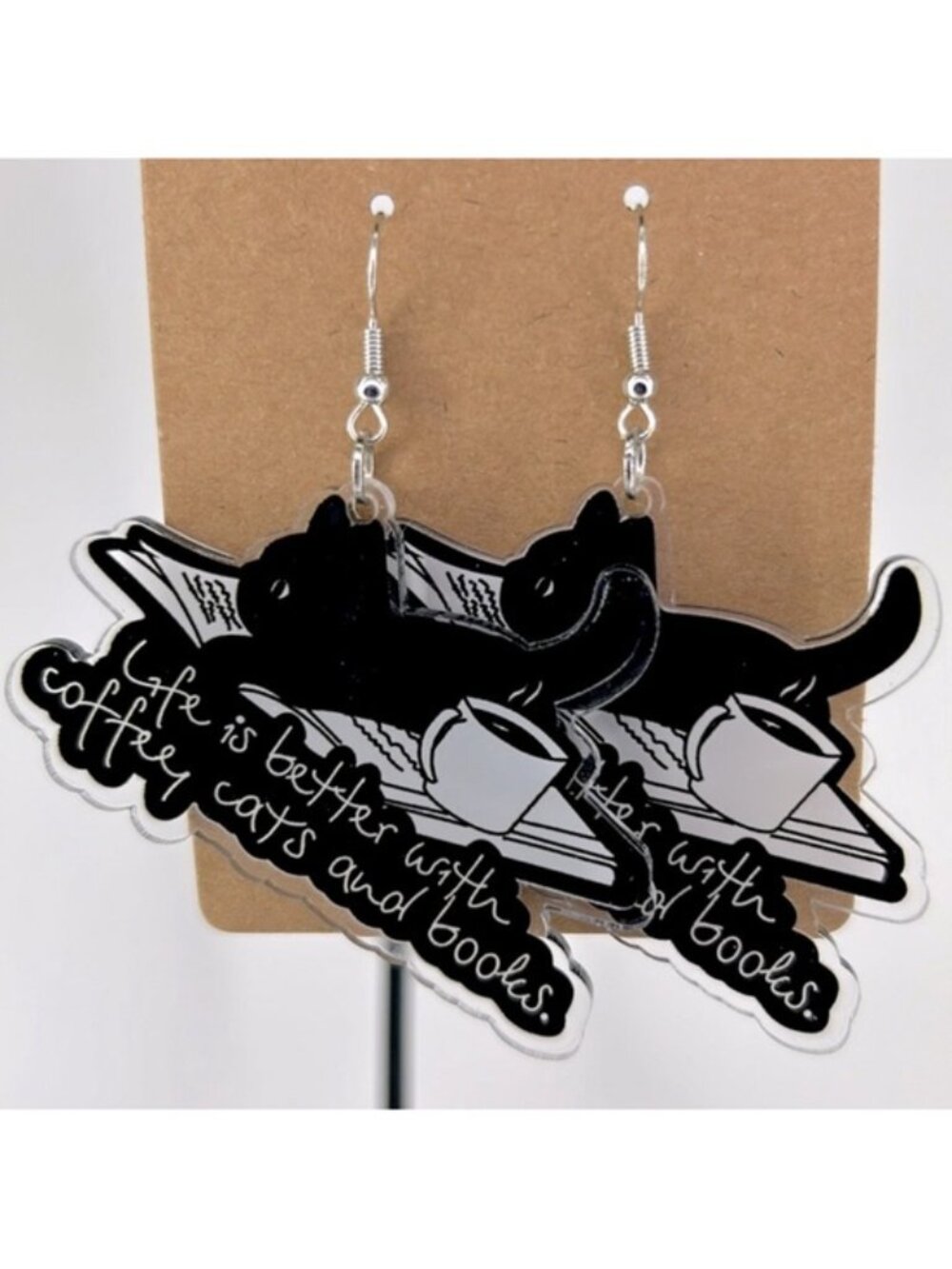 Cat “Life Is Better With Coffee, Cats, and Books”Dangle Earrings 2D Acrylic